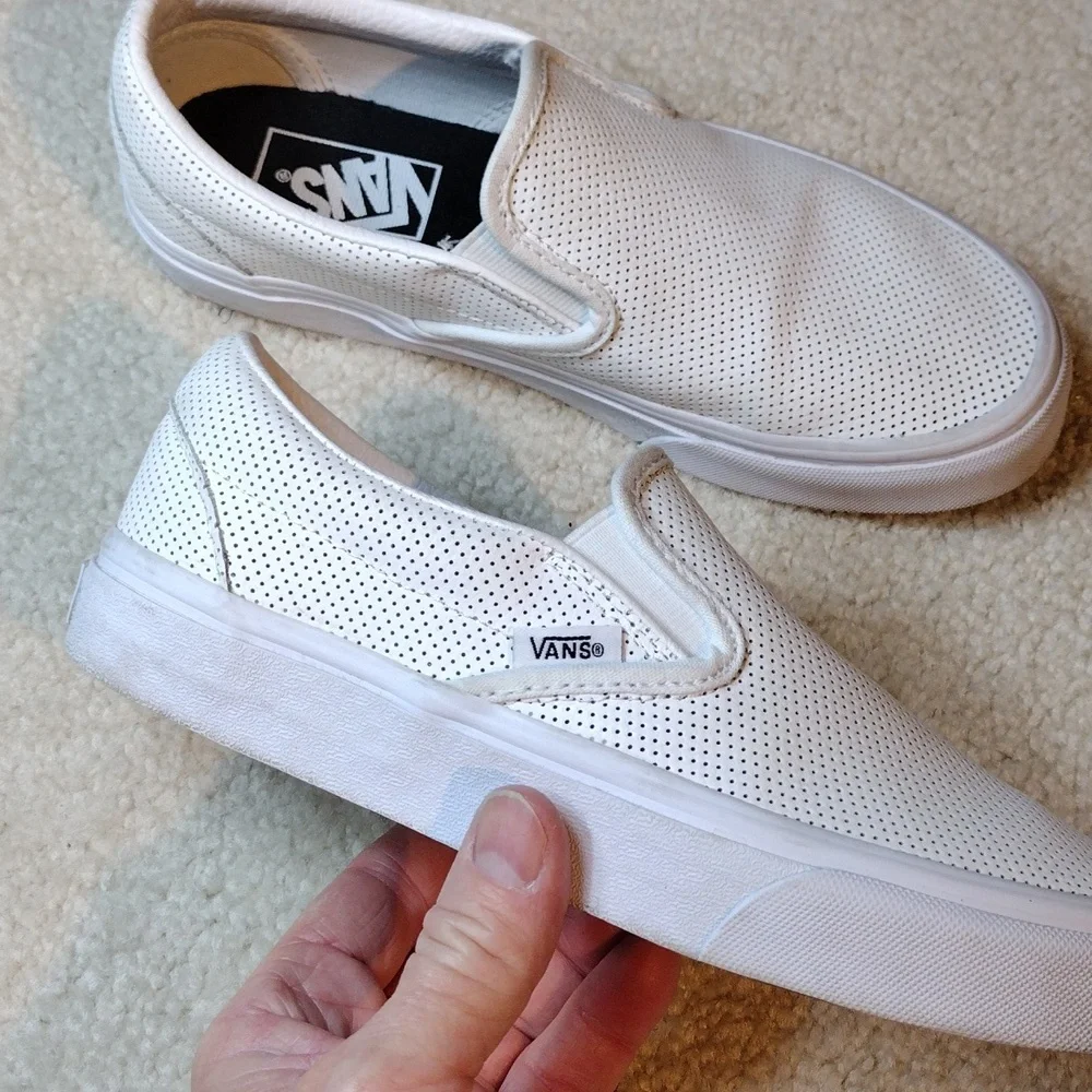 Vans men's white perforated leather slip on loafers. Size 5.5